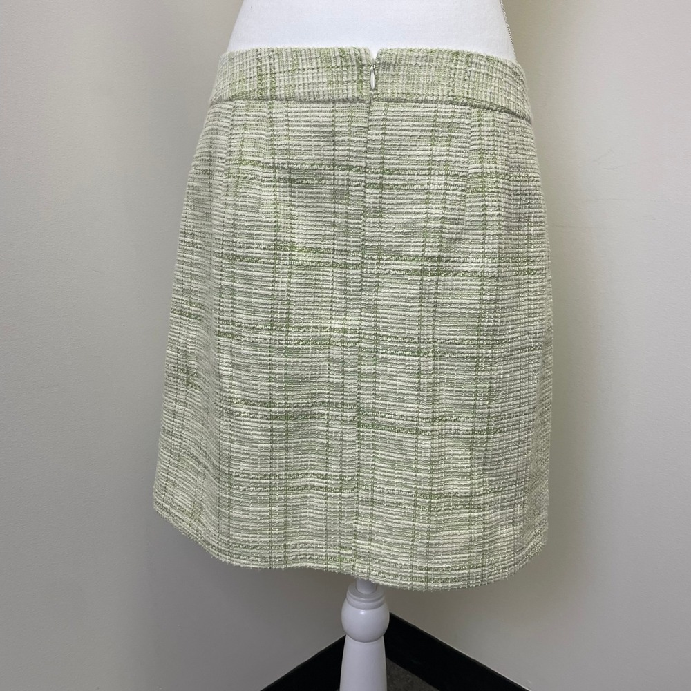 NEW LOFT Outlet Green White Plaid Tweed Mini Skirt Size 8 Boucle Wrap Style - Picture 9 of 12
